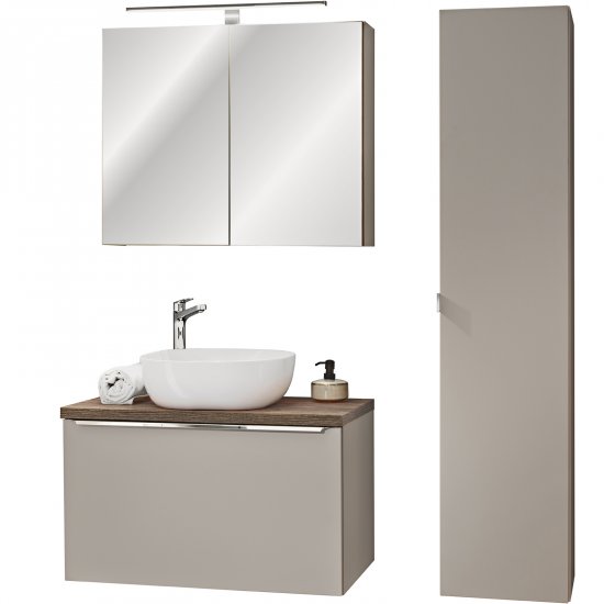 COMAD Zestaw mebli SANTA FE TAUPE 2 szafki, blat OAK 80 cm, umywalka SMILE, słupek, lampka
