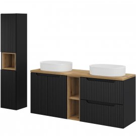 COMAD Zestaw mebli NOVA BLACK 3 szafki z blatem OAK 140 cm, 2 umywalki BEYOND WH, słupek 30cm